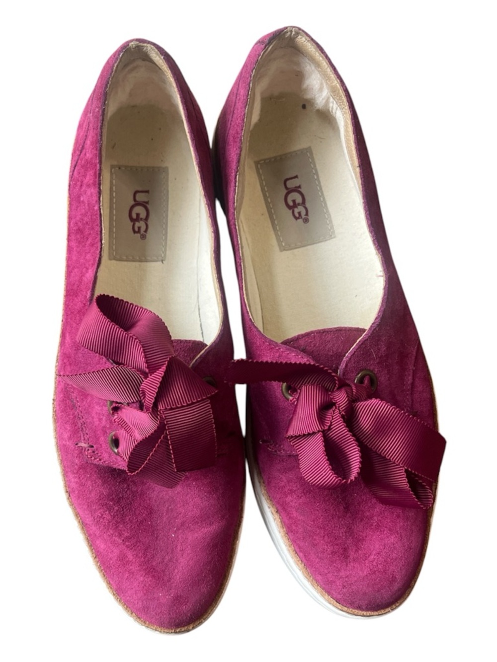 UGG Women's Suede Ribbon Tie Flats in Fuchsia Pink